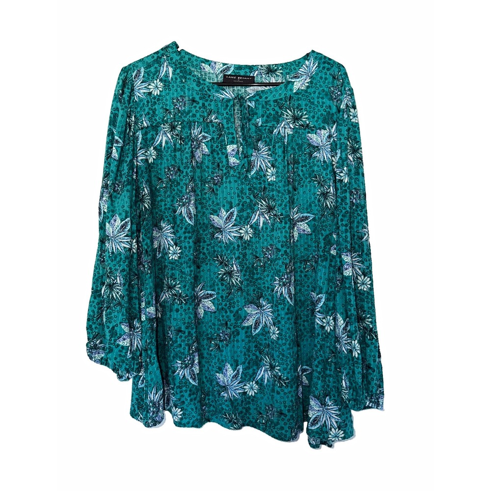 Lane Bryant Floral Blouse Women 18 Teal Green 3/4 Sleeve Pleated Rayon Plus Size